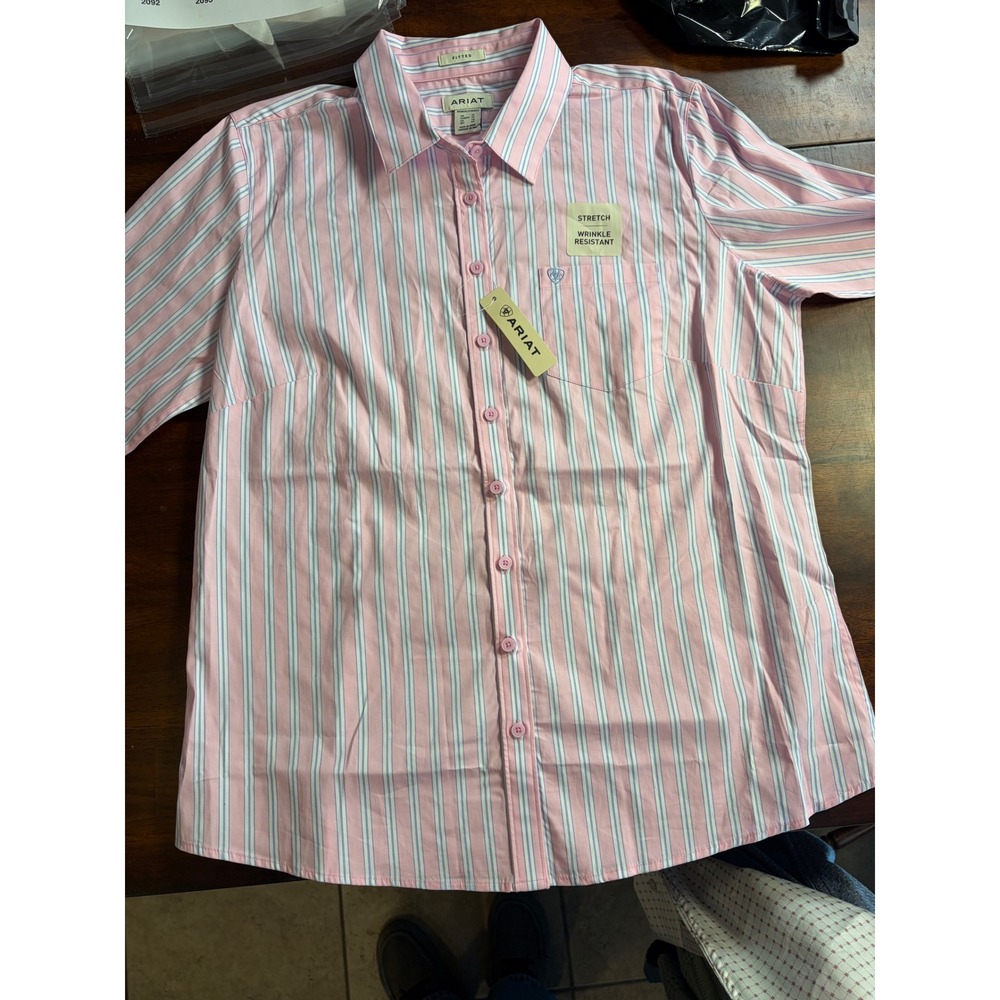 Ariat Kirby LS Shirt Pink Lavender Stripe Fitted Stretch Wrinkle Resistant XL